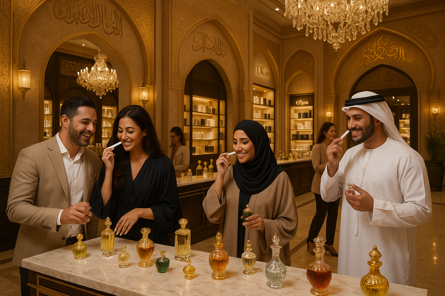 BOUTIQUE DE PARFUMS DE MARQUE DE DUBAI   DES GENTS QUI  TESTE LES PARFUM QUI SONT  HEUREUX 